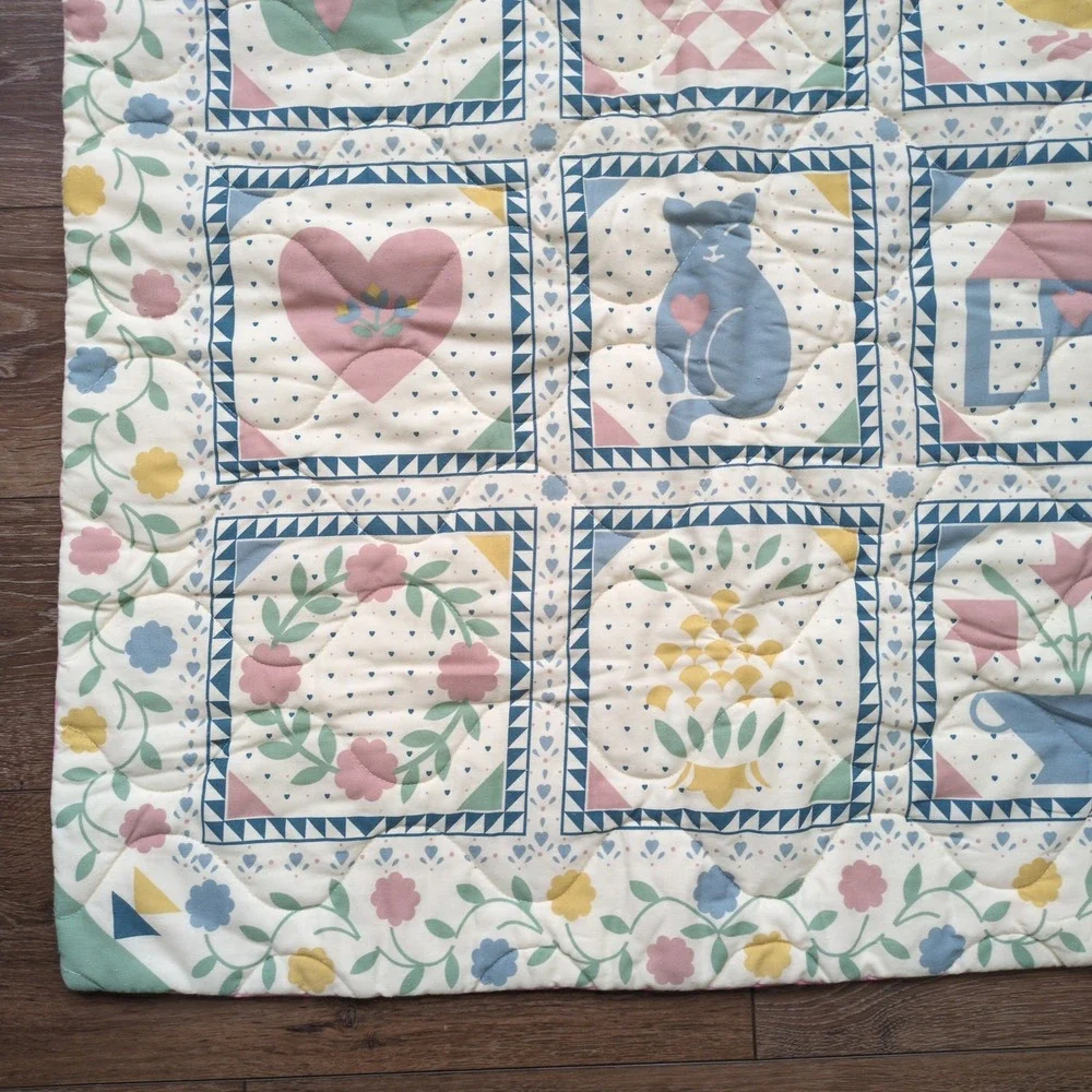Vintage 80s Baby Quilt Wall Hanging Pastel Animal Cat Whale Duck Floral Folk Art